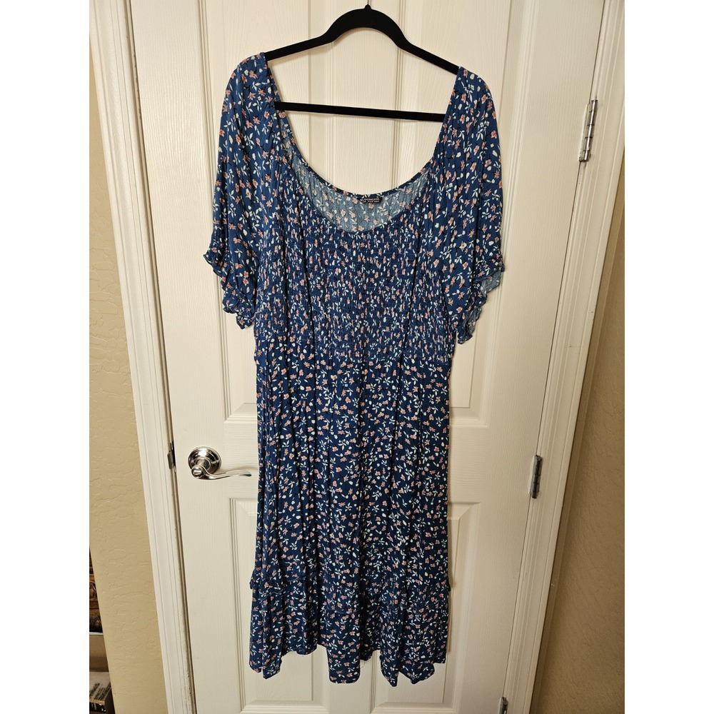 Bloomchic Blue Floral Front Smocked Bodice Short Sleeves Midi Dress, Plus 22/24